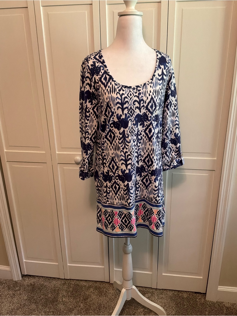 Lilly Pulitzer Navy & White Ikat Mini Dress with Pink Hem Accents